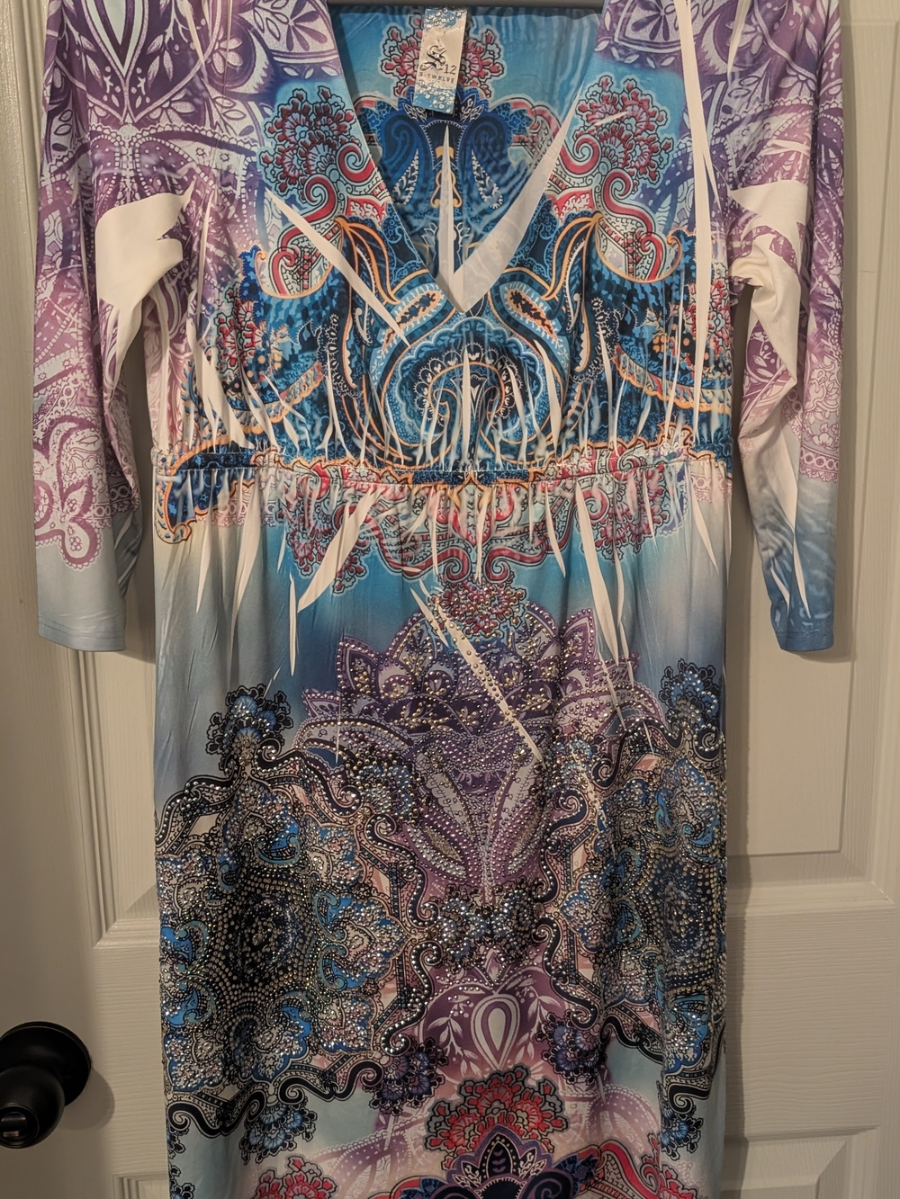 Boho Paisley V-Neck 3/4 Sleeve Dress in Blue & Purple